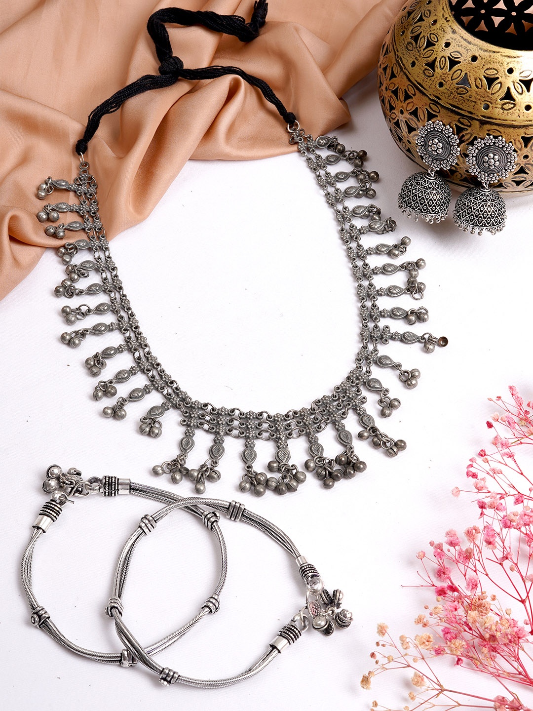 

TEEJH Oxidised Silver-Plated Beaded Jewellery Set