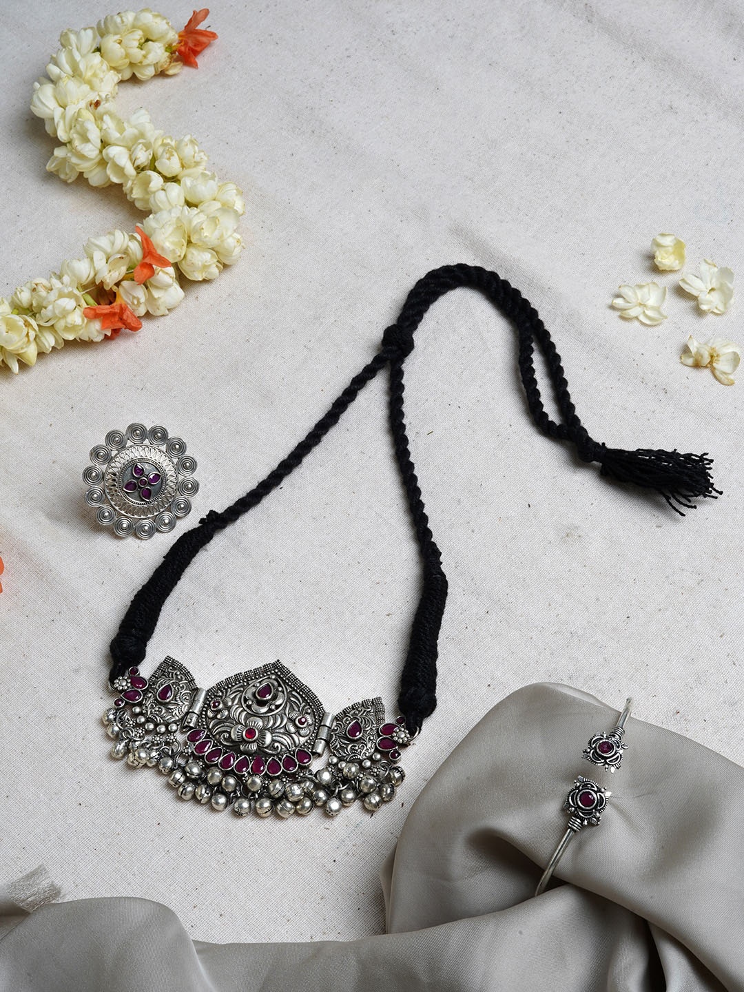 

TEEJH Oxidised Silver-Plated Red Stone Studded Jewellery Gift Set
