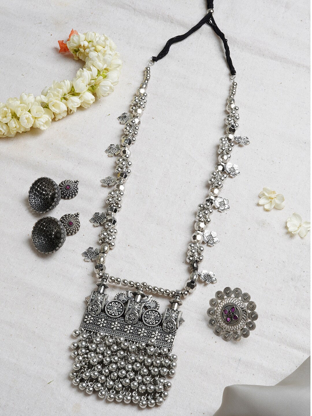 

TEEJH Oxidised Silver-Plated Purple Stone-Studded Jewellery Set