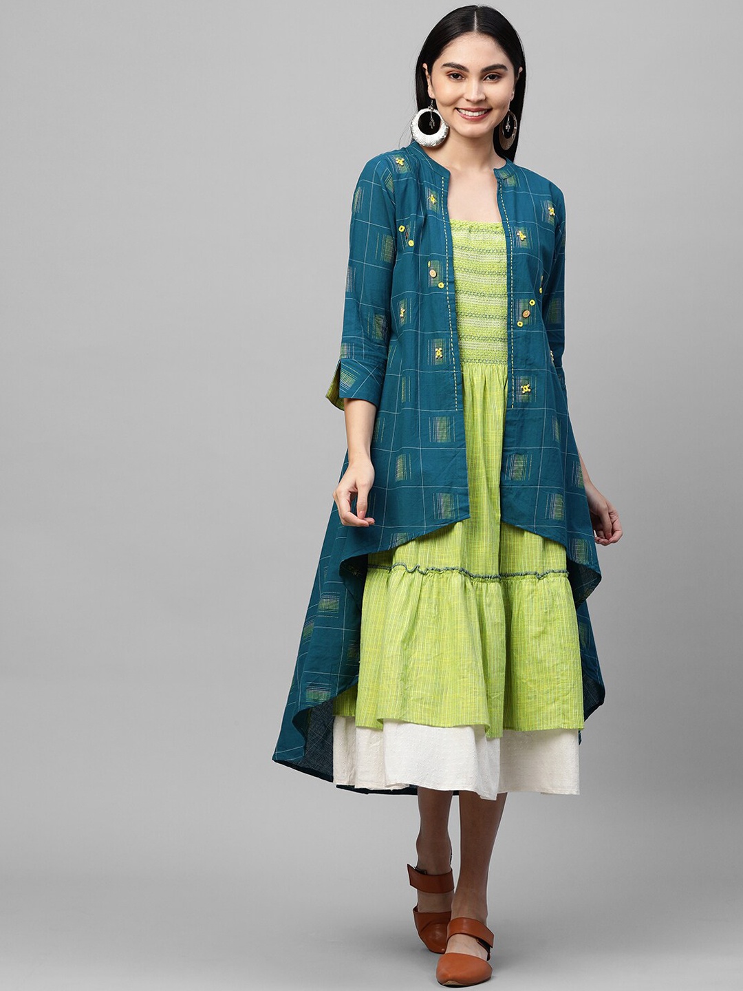 

FASHOR Lime Green & Blue Smocked & Tiered Midi Dress with Geometric Printed Jacket