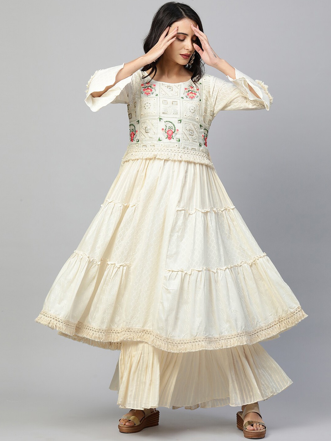 

FASHOR Off White Floral Layered Ethnic Maxi Dress