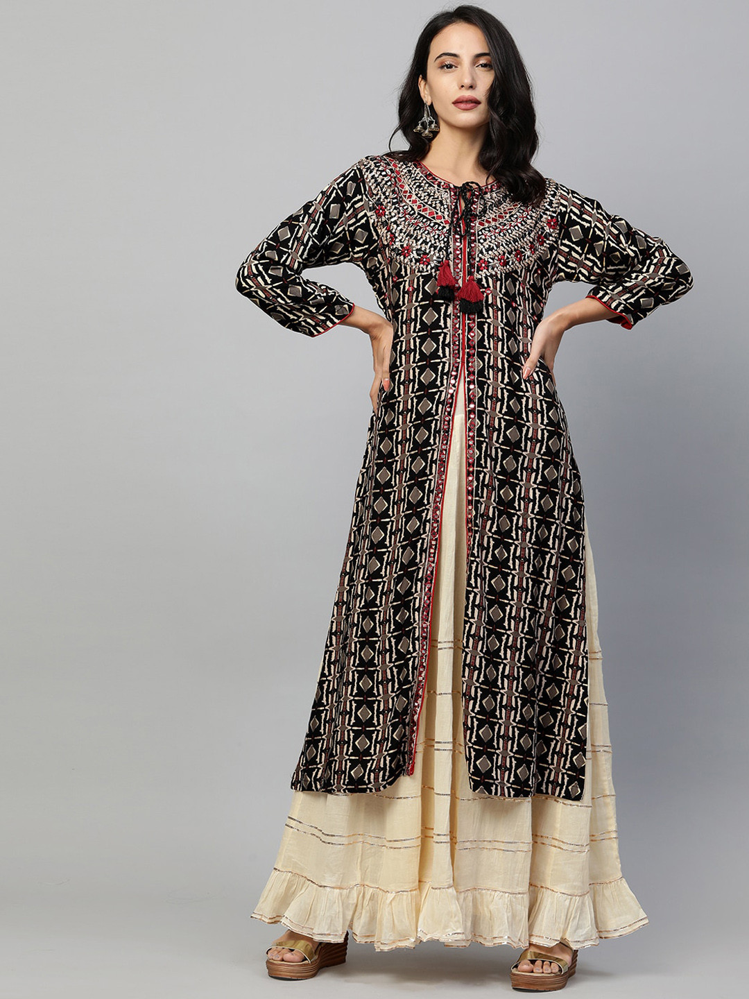 

FASHOR Black Ethnic Motifs Tie-Up Neck Ethnic Maxi Dress