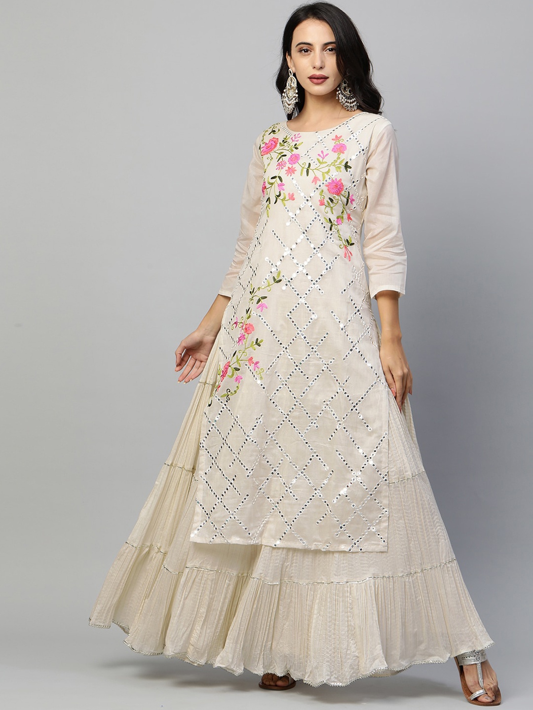 

FASHOR Off White Embellished Layered Ethnic Maxi Dress