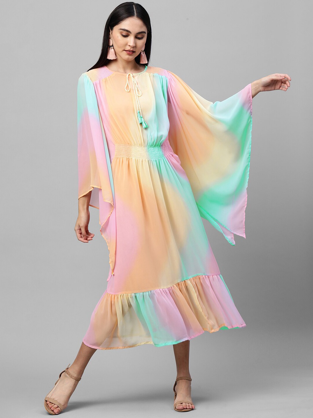 

FASHOR Peach-Coloured & Sea Green Tie and Dye Georgette Kaftan Style A-Line Midi Dress