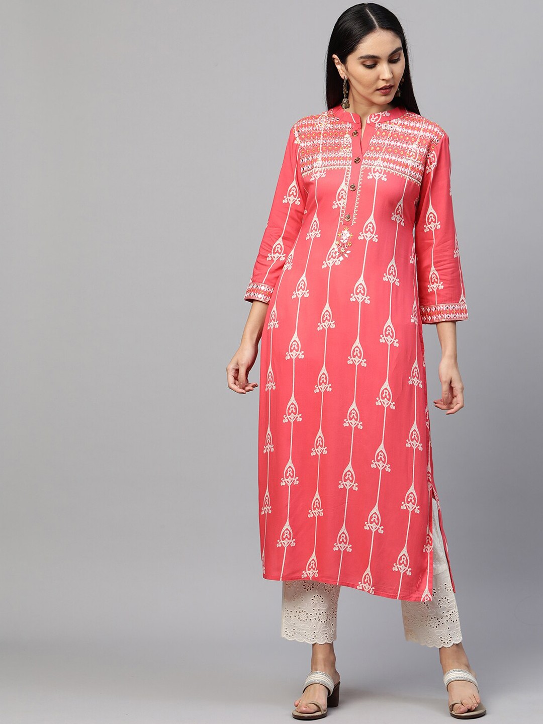

FASHOR Women Pink & White Ethnic Motifs Printed Kurta