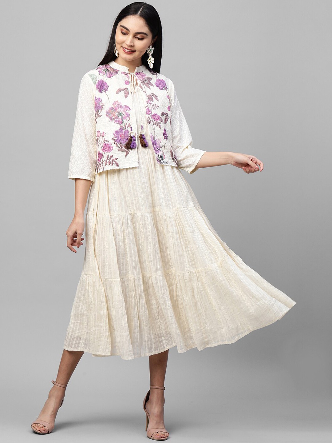 

FASHOR Off White Floral Embroidered Tie-Up Neck Ethnic A-Line Dress
