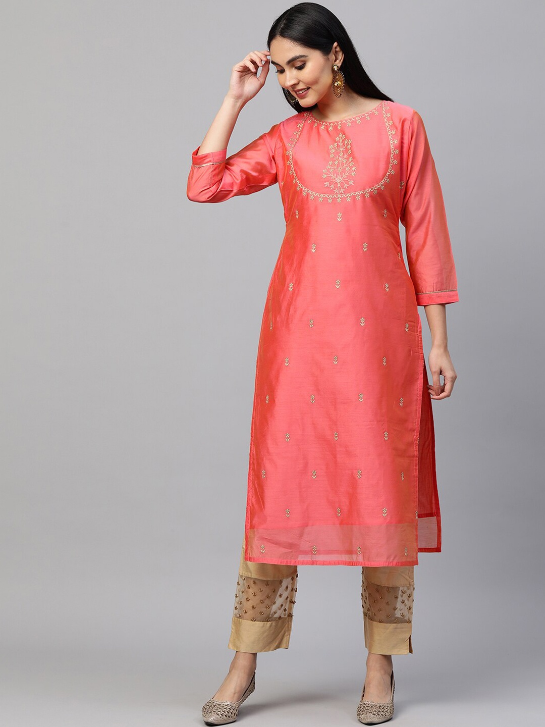 

FASHOR Women Peach-Coloured Ethnic Motifs Embroidered Chanderi Silk Chanderi Silk Kurta
