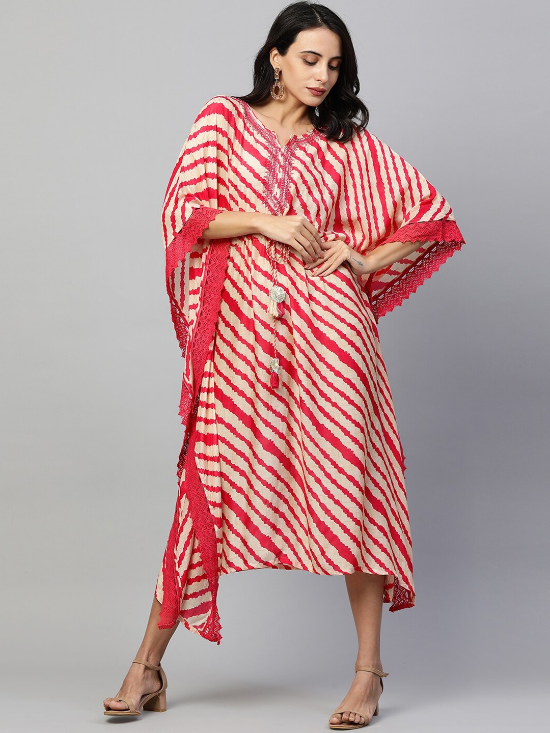 

FASHOR Red Ethnic Embroidered Kaftan Midi Dress