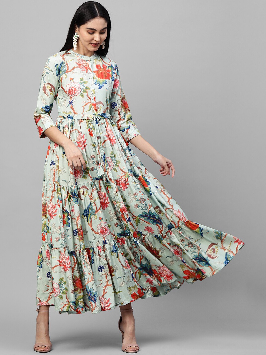 

FASHOR Blue & Red Floral Printed Tiered Maxi Dress With Fabric Belt