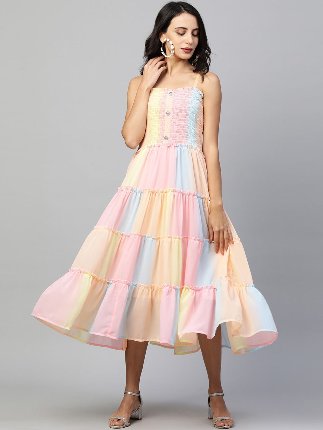 

FASHOR Pink & Blue Ombre Tiered Georgette Midi Dress with Tie Knot Short Jacket