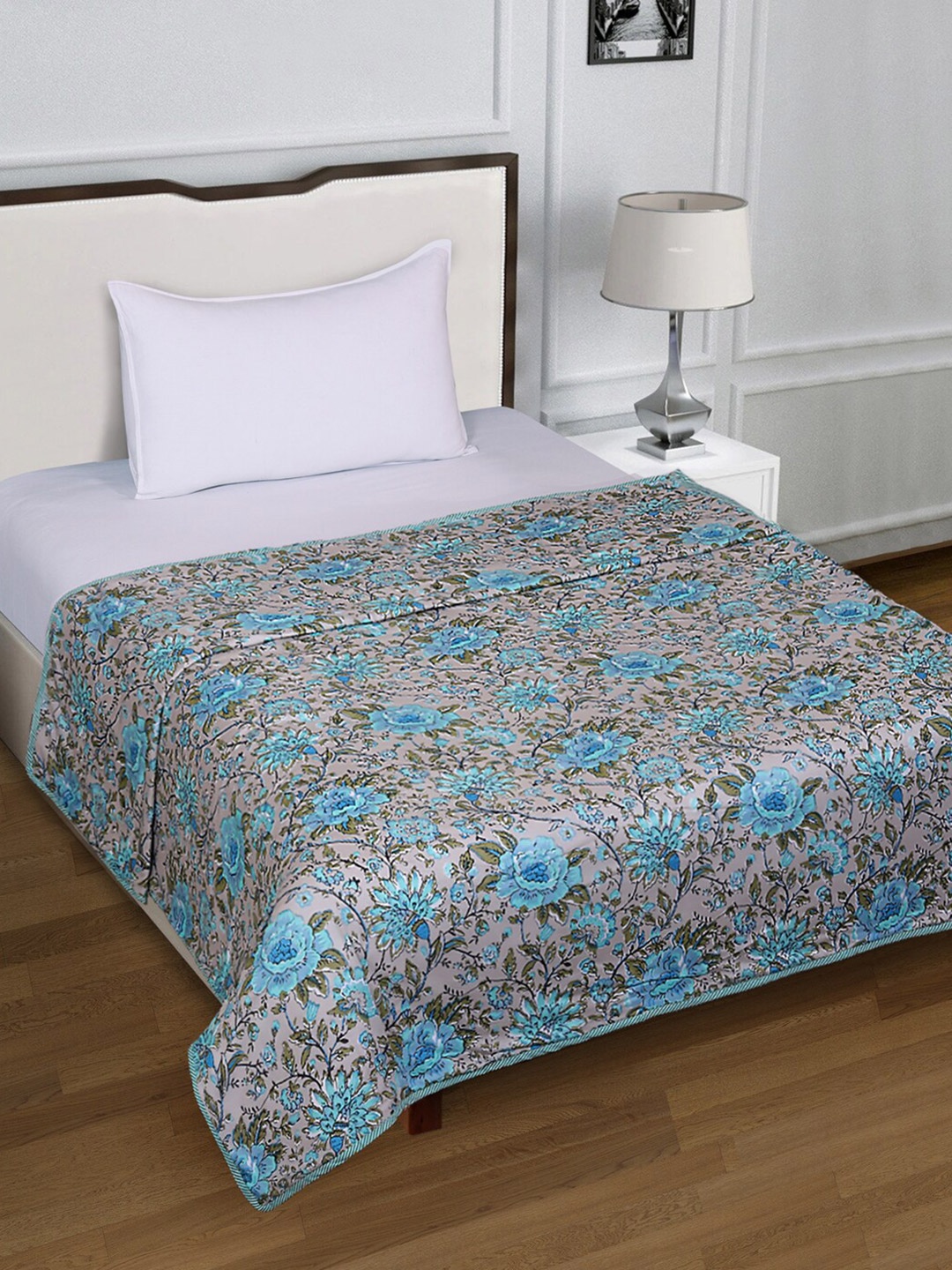 

ROMEE Grey & Blue Floral AC Room 300 GSM Single Bed Dohar