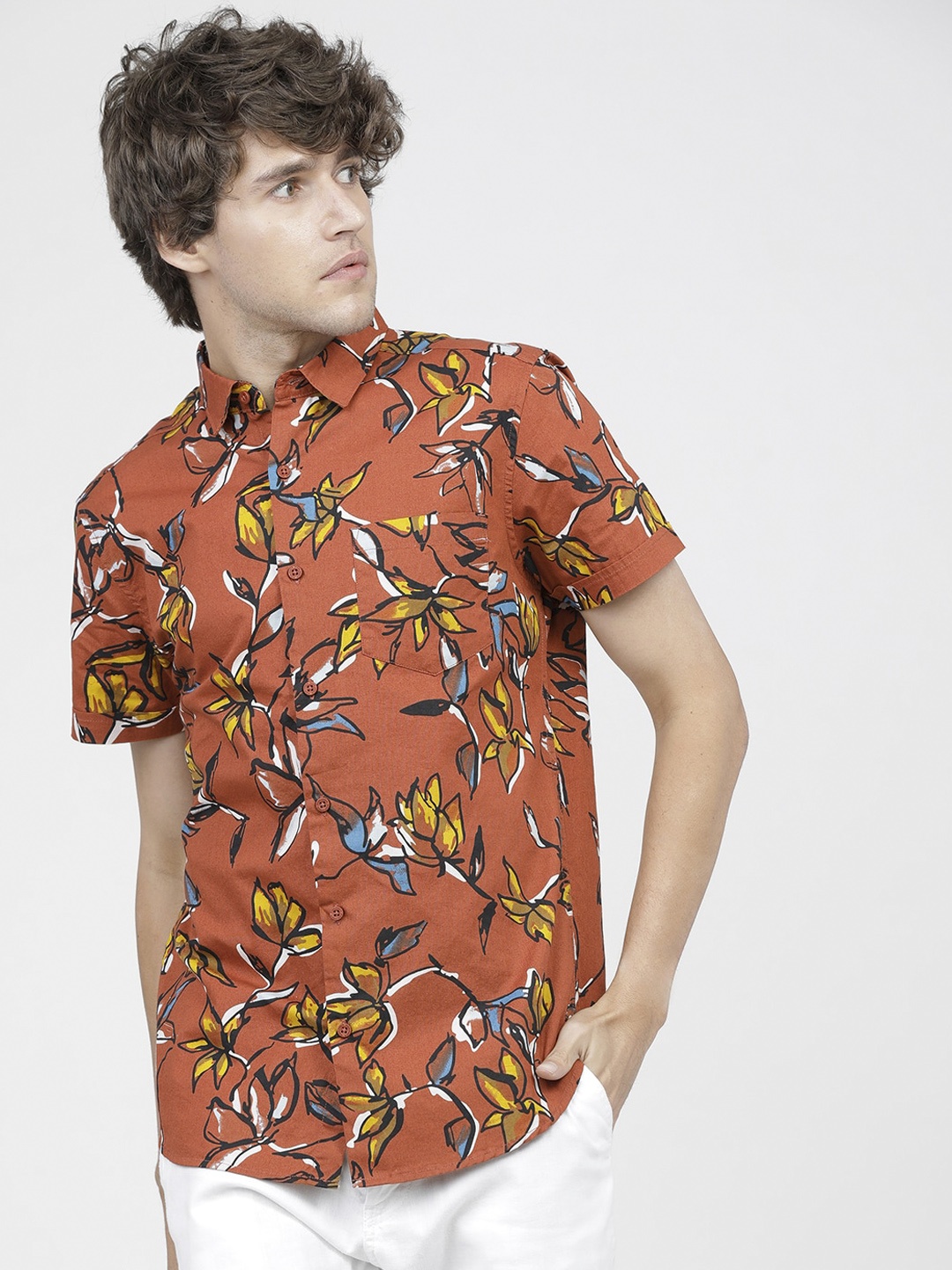 

HIGHLANDER Men Rust Slim Fit Floral Opaque Printed Casual Shirt