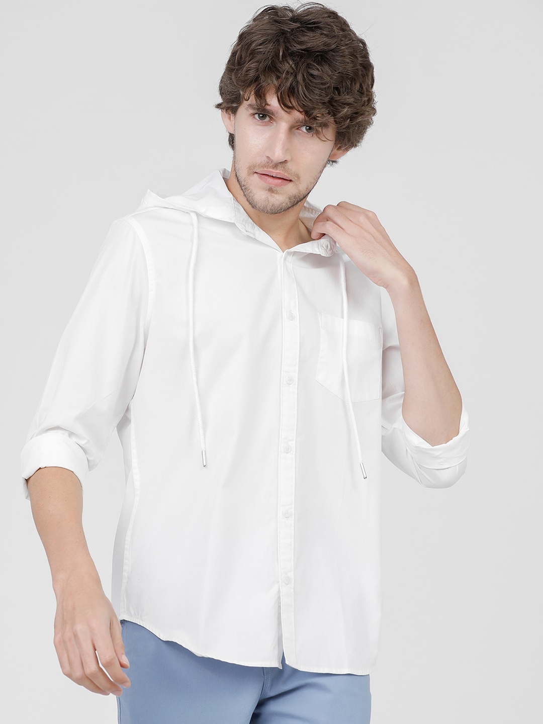 

HIGHLANDER Men White Slim Fit Opaque Hooded Casual Shirt