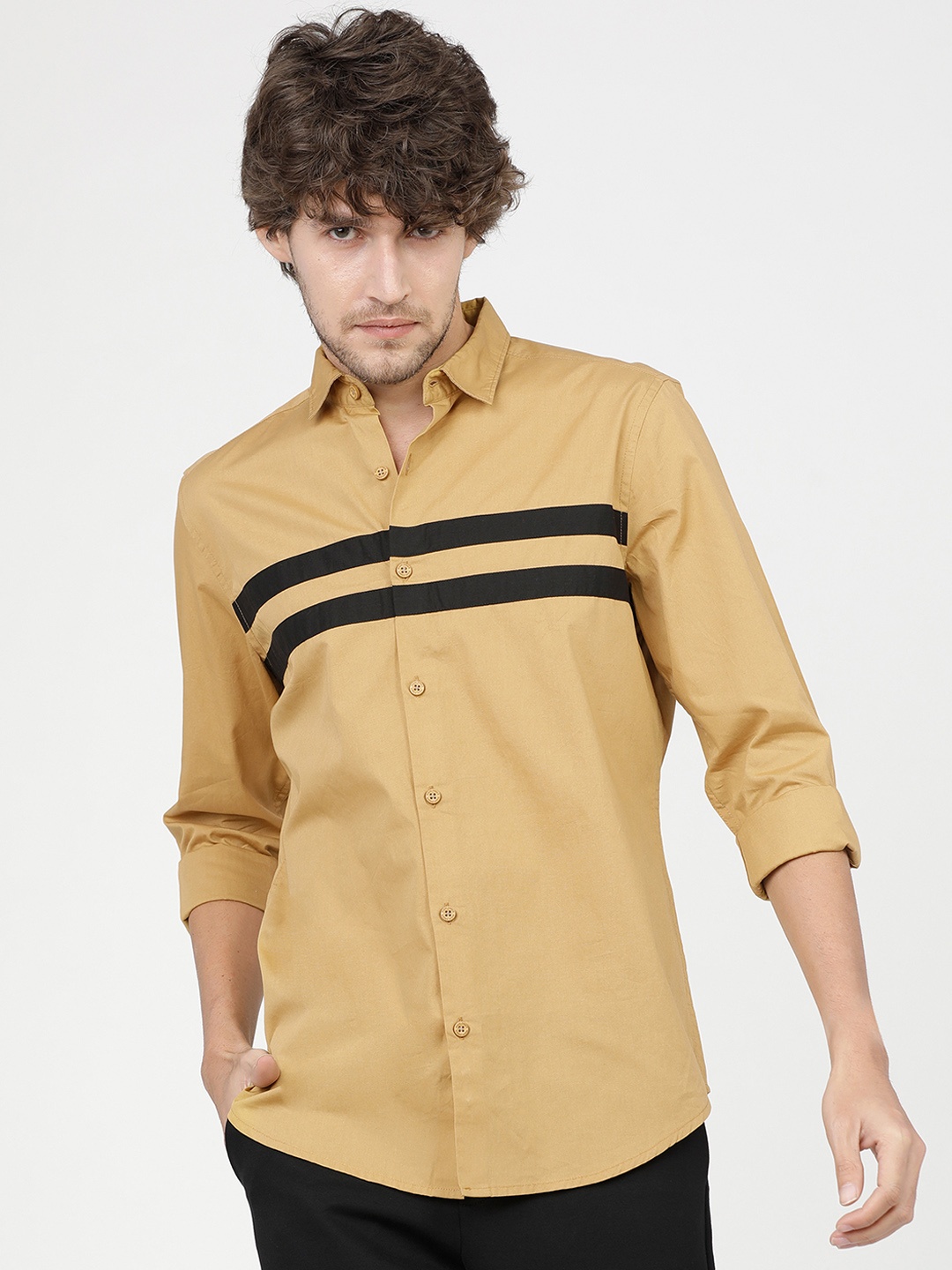 

HIGHLANDER Men Yellow Slim Fit Horizontal Stripes Opaque Striped Cotton Casual Shirt