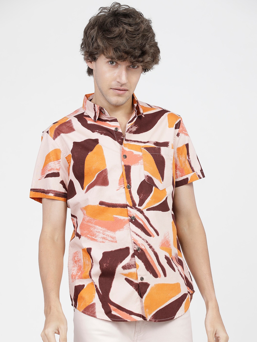 

HIGHLANDER Men Peach-Coloured Slim Fit Opaque Printed Casual Shirt