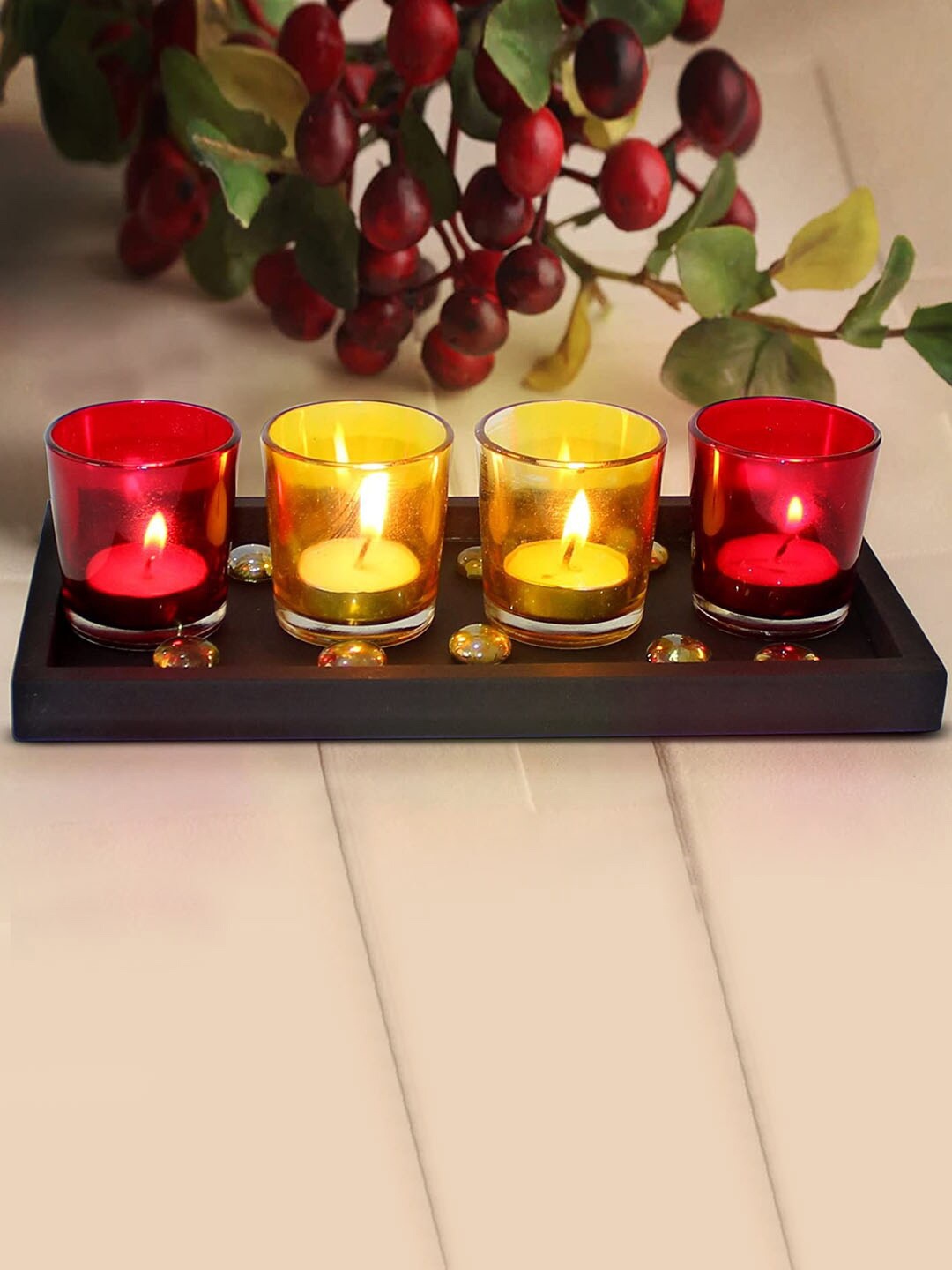 

TIED RIBBONS Set of 4 Red & Yellow Glass Votives with Tealight Candles & Wooden Tray