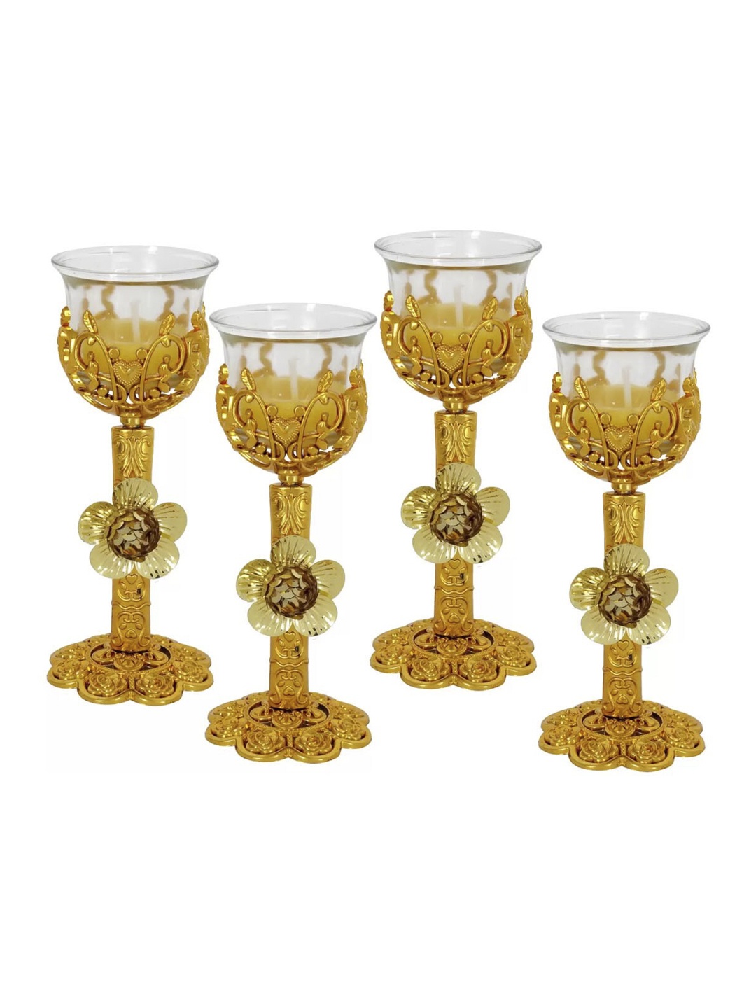 

TIED RIBBONS Set Of 4 Gold-Toned & Transparent Textured Tealight Stand Candle Holder With Candles