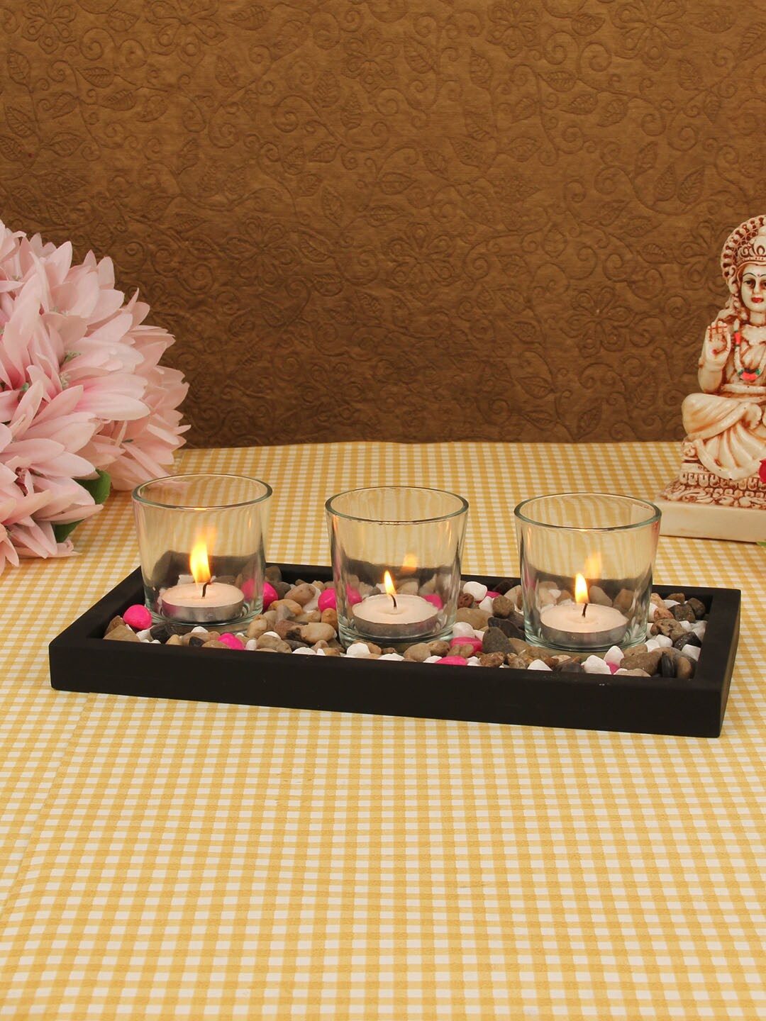 

TIED RIBBONS Set of 3 Glass Tealight Candle Holder With Wooden Tray, Multi