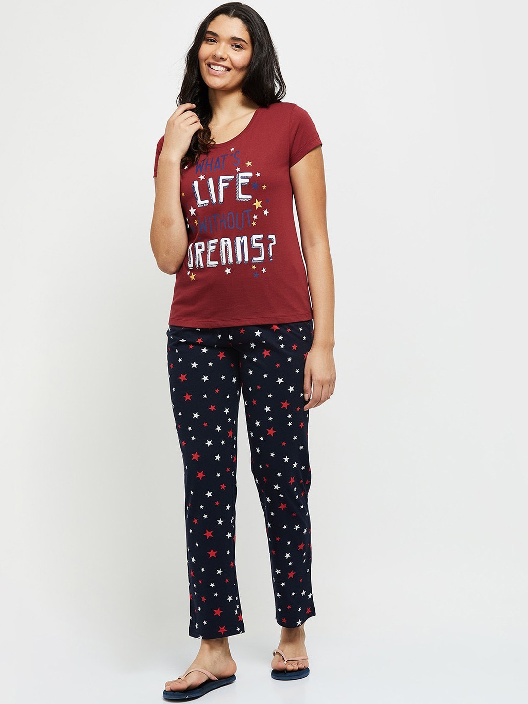 

max Women Red & Navy Blue Printed Pure Cotton Night suit