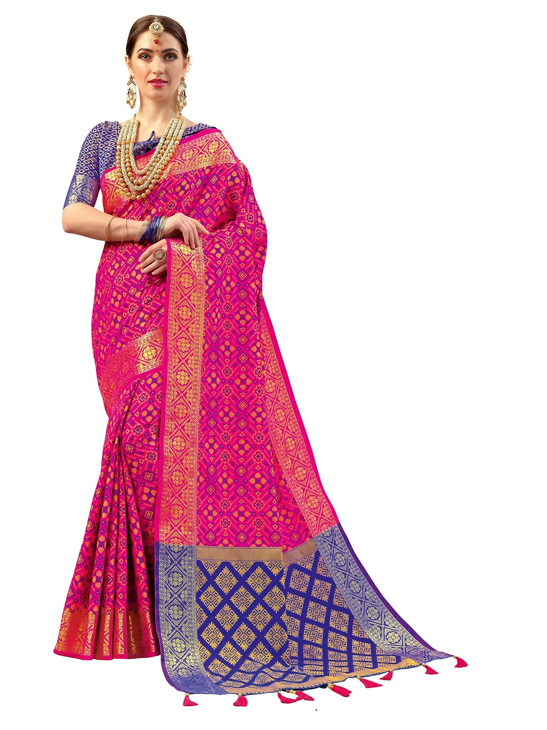 

Mitera Magenta & Blue Woven Design Silk Blend Heavy Work Patola Saree