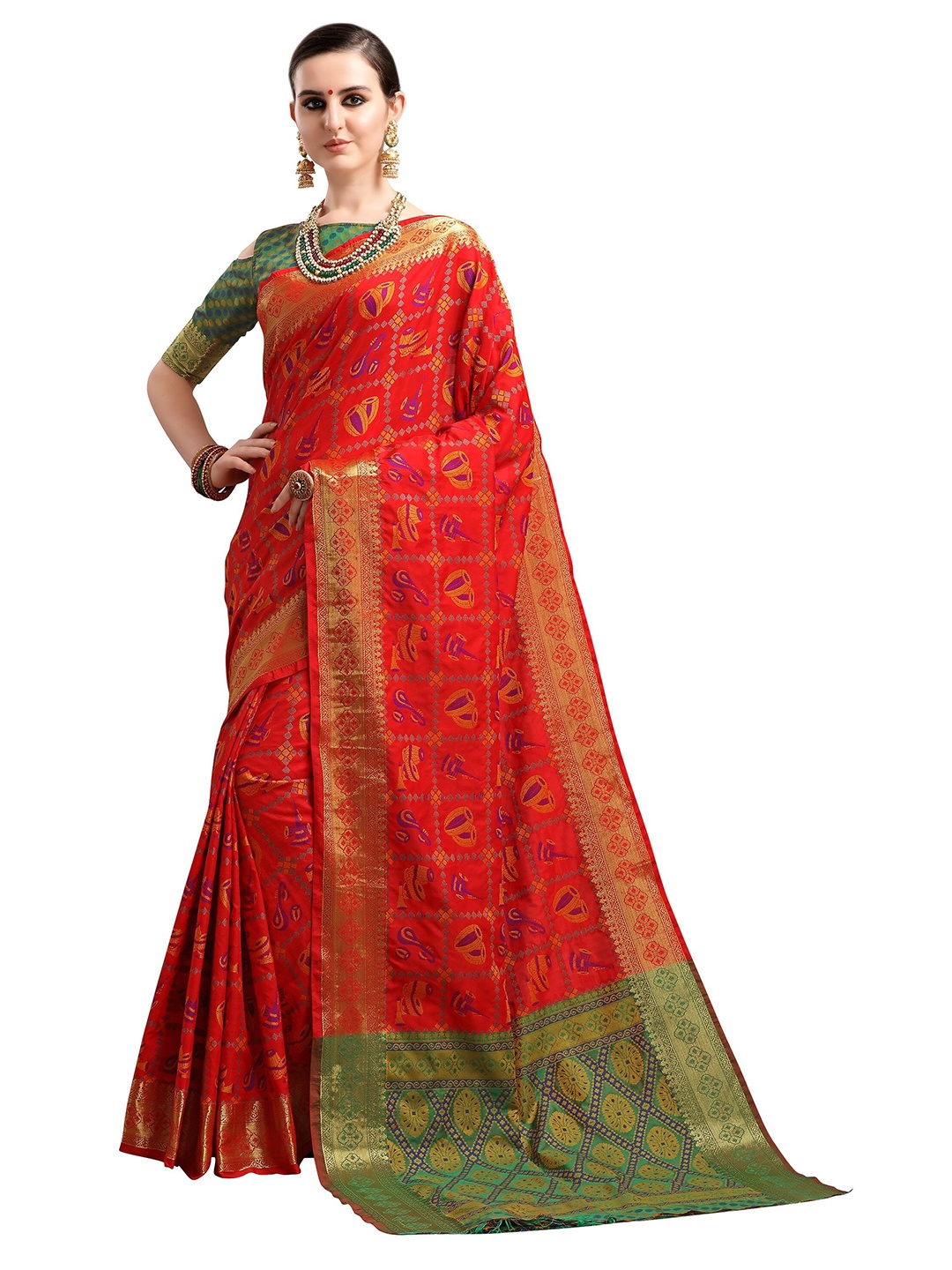 

Mitera Red & Green Woven Design Silk Blend Patola Saree
