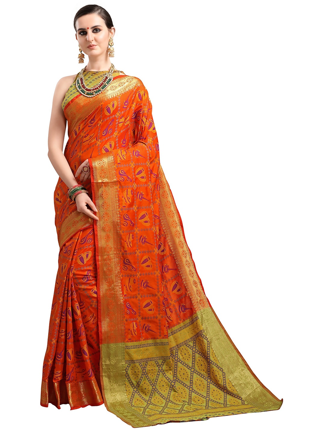 

Mitera Orange & Green Woven designed Patola Saree