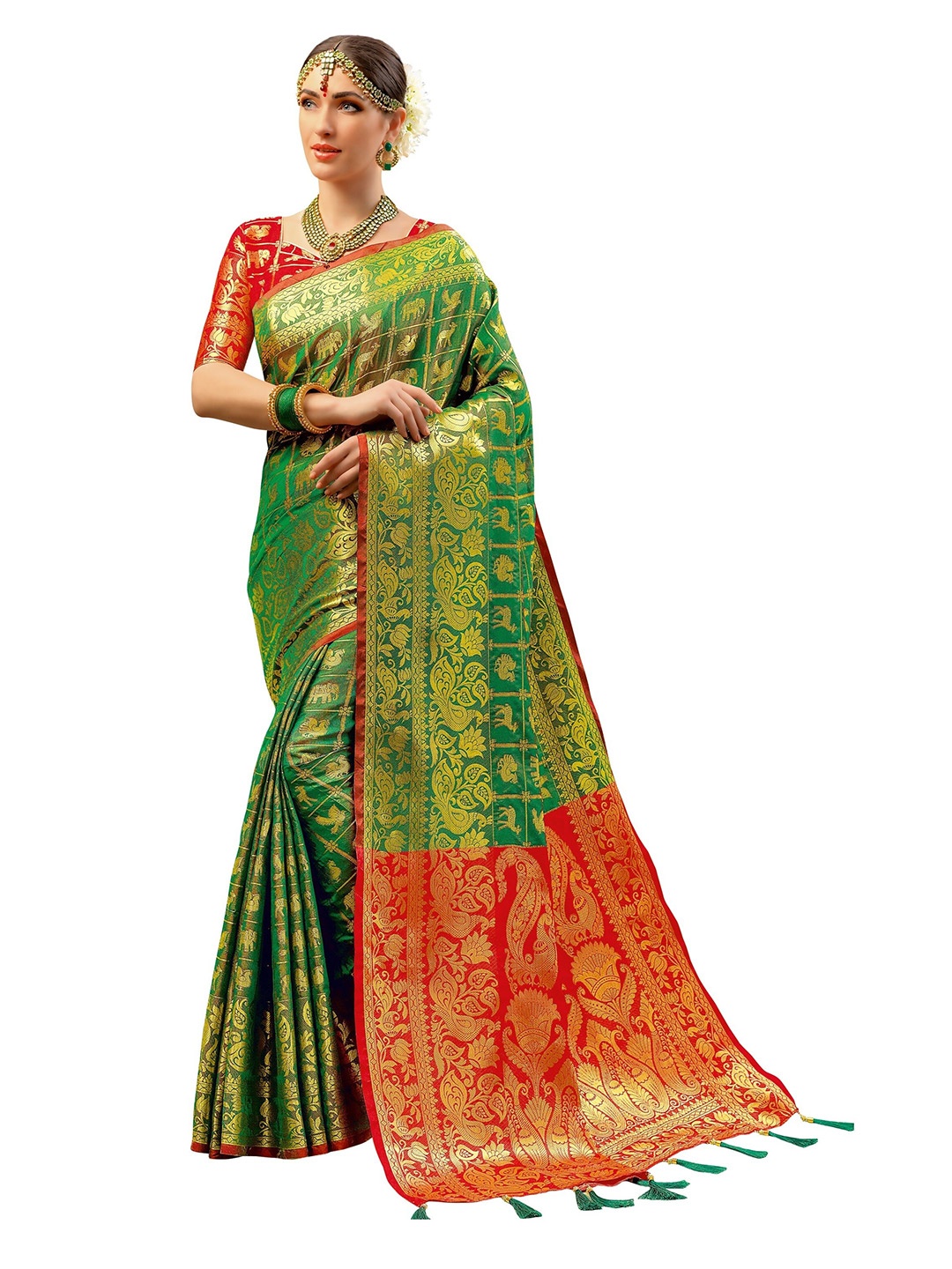 

Mitera Olive Green & Red Woven Design Zari Silk Blend Banarasi Saree