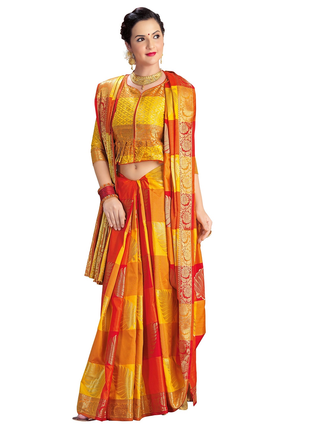 

Mitera Yellow & Red Woven Design Zari Silk Blend Banarasi Saree