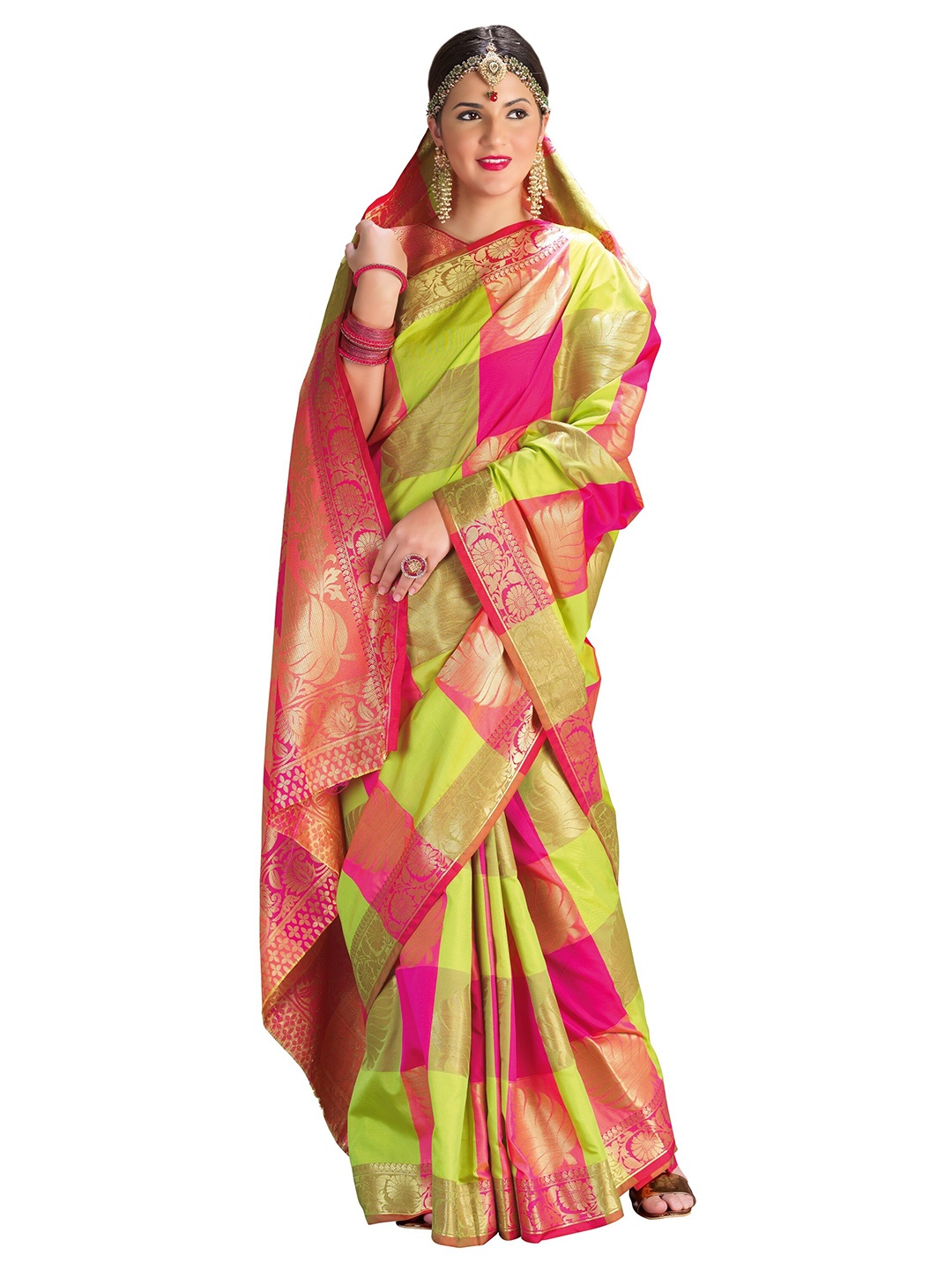 

Mitera Green & Pink Woven Design Silk Blend Banarasi Saree