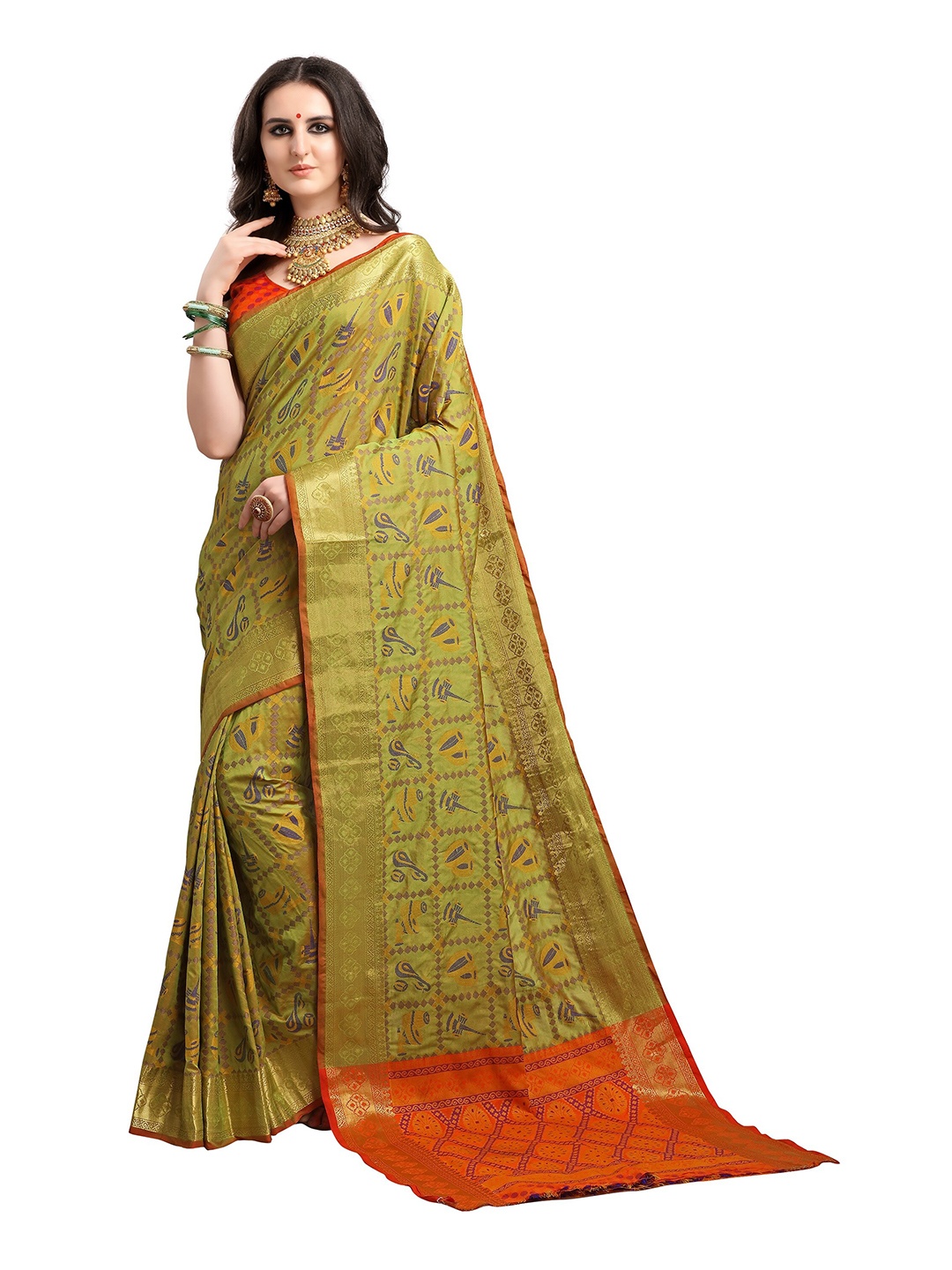 

Mitera Green & Orange Woven Design Zari Silk Blend Patola Saree
