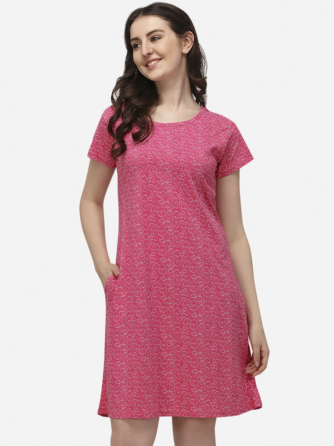 

Lenissa Women Pink & White Printed Relaxed-Fit Sleepshirt
