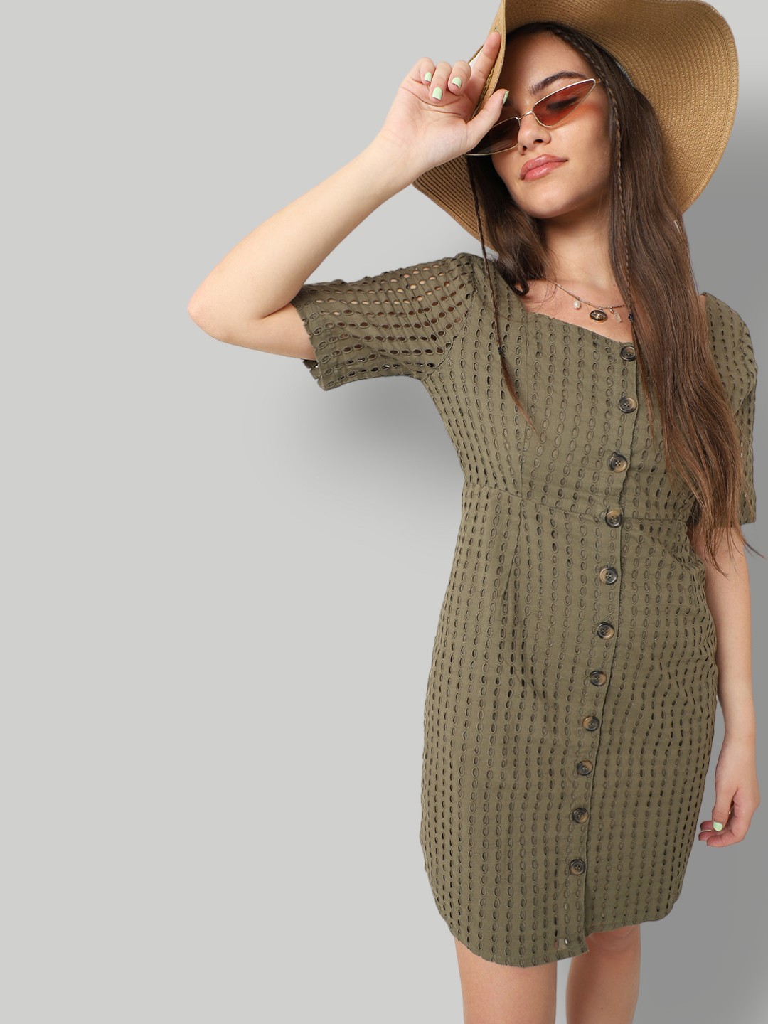 

ONLY Green Embroidered Schiffli A-Line Dress