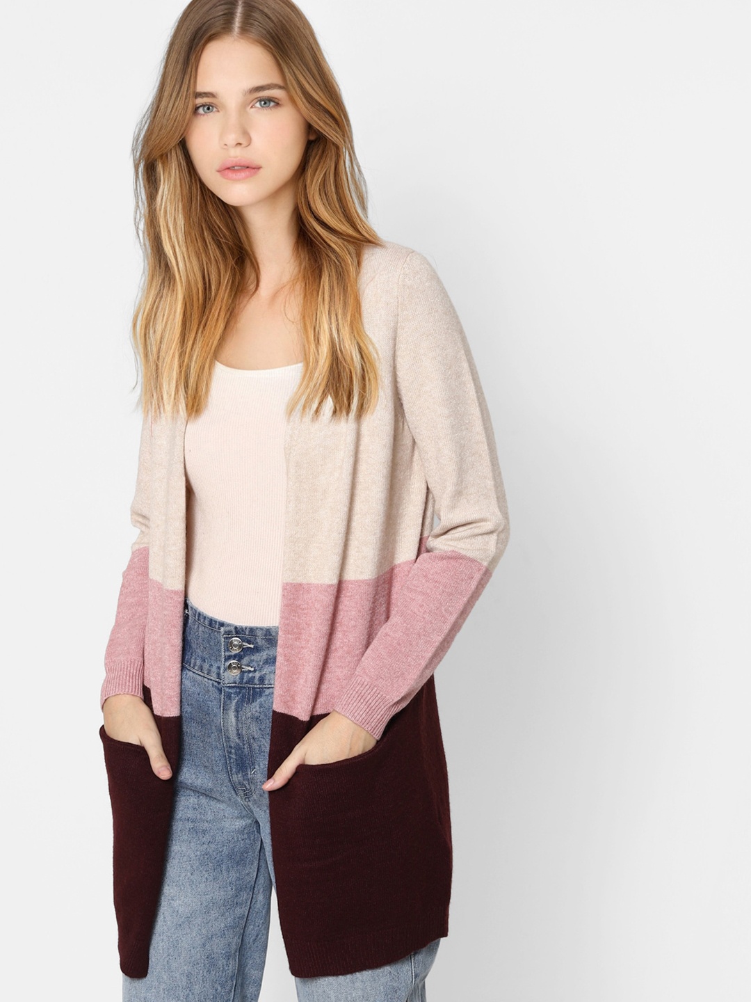 

ONLY Women Maroon & Rose Colourblocked Shrug