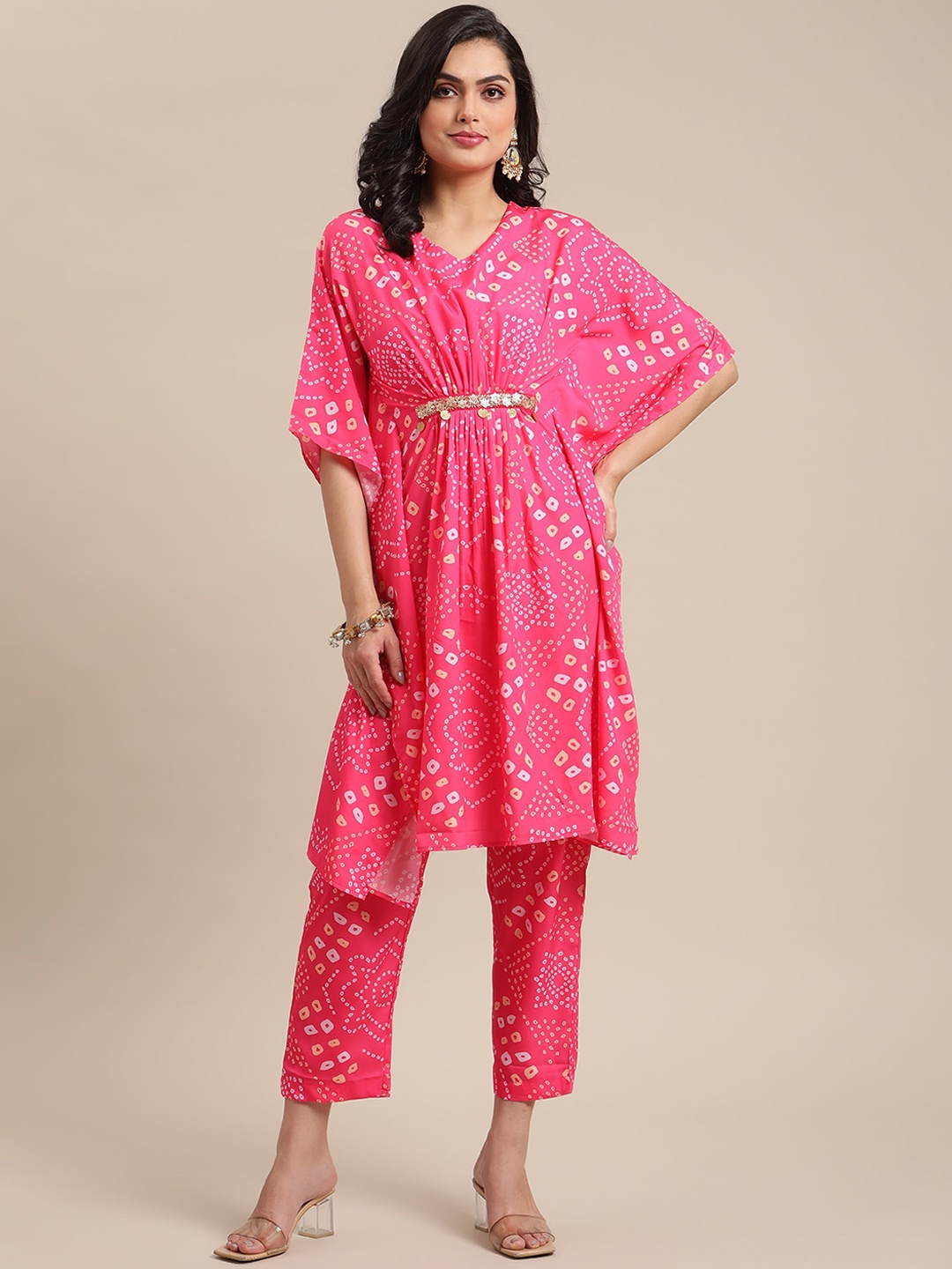 

Varanga Women Pink Bandhani Printed Pleated Beads and Stones Kurta with Trousers