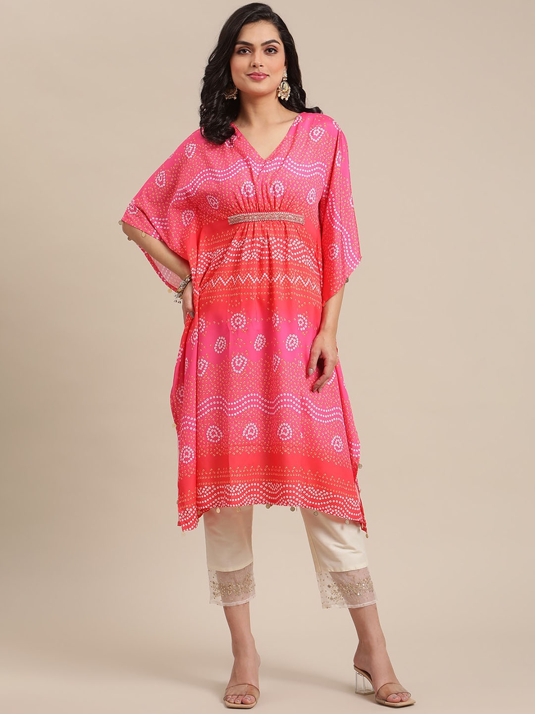 

Varanga Women Pink Bandhani Printed Pleated Kurta with Trousers