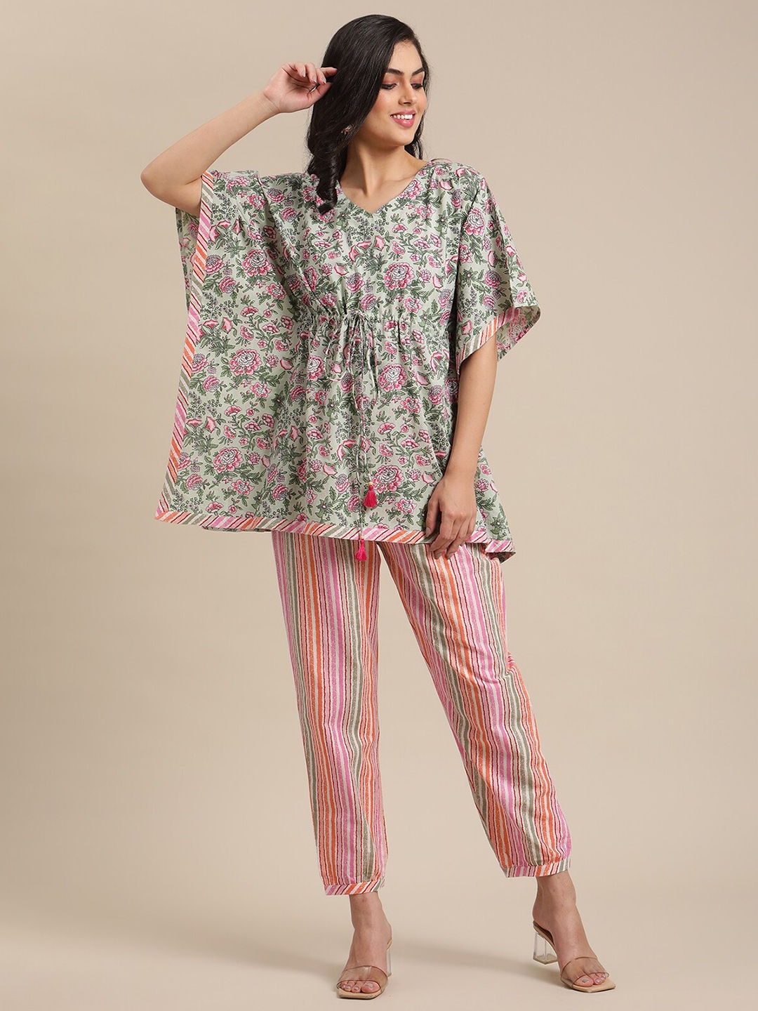 

Varanga Women Green Pure Cotton Floral Printed Kaftan & Striped Trouser