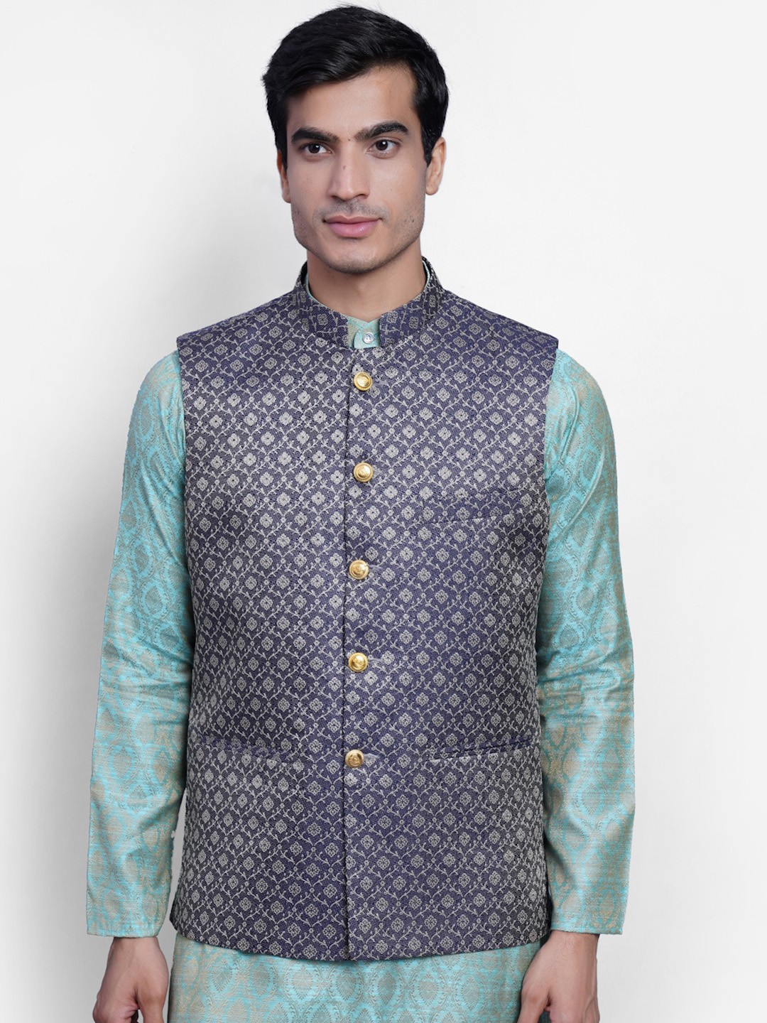 

Wintage Men Blue & Grey Printed Woven Nehru Jacket