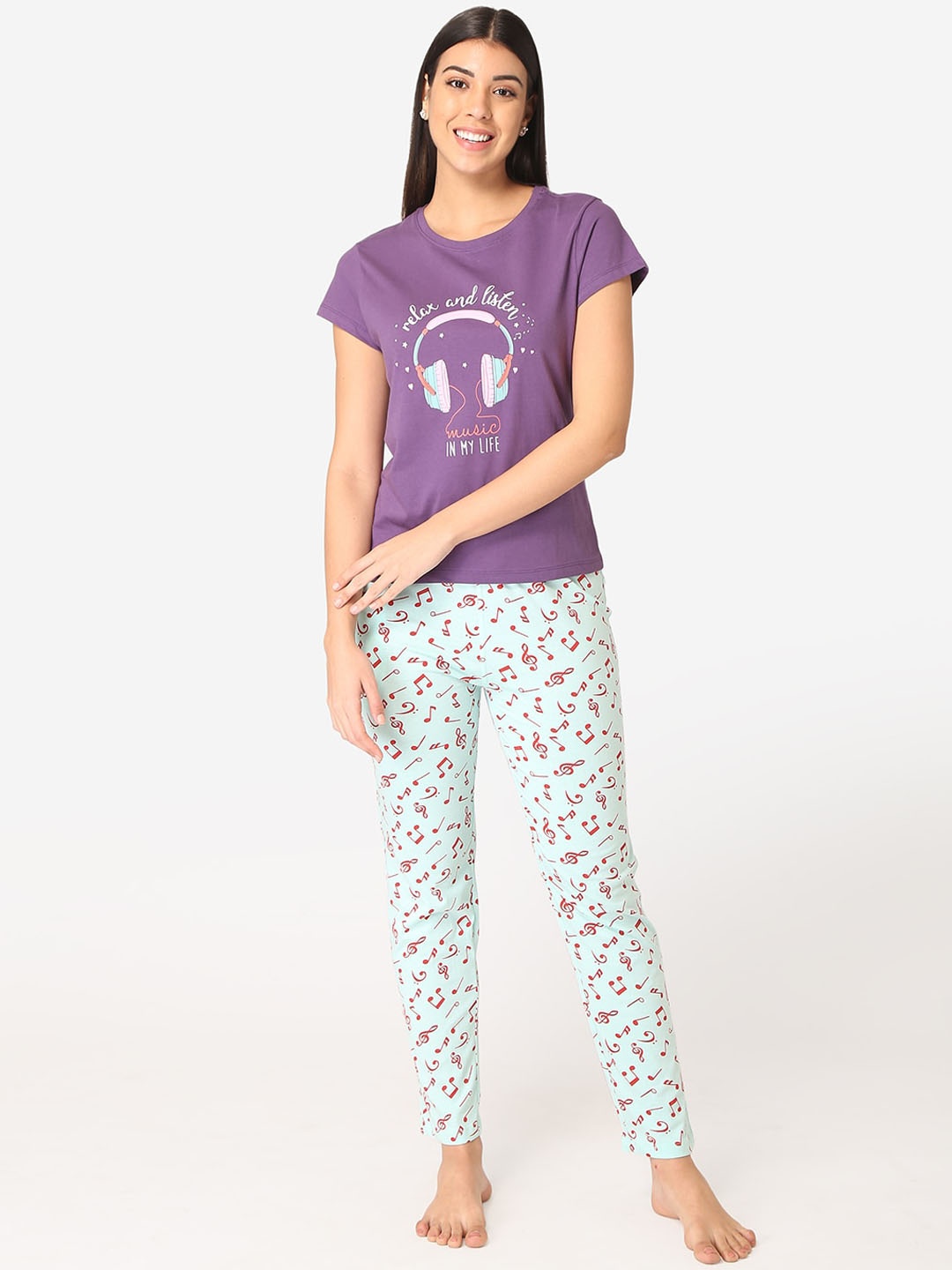 

Lounge Dreams Women Violet & Green Printed Pure Cotton Night suit