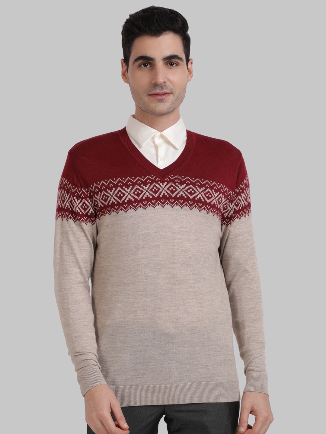 

ColorPlus Men Red & Brown Printed Acrylic Pullover Sweater