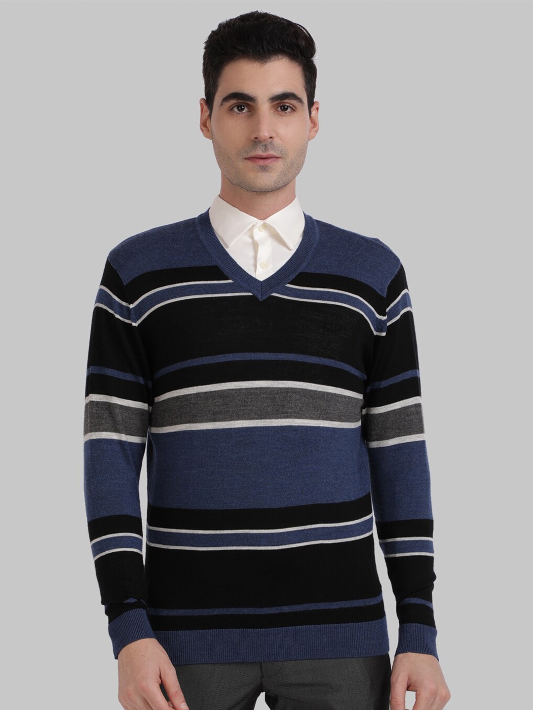 

ColorPlus Men Blue & Black Striped Cotton Pullover Sweater