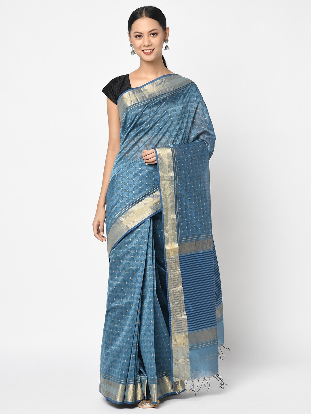 

Fabindia Blue & Gold-Toned Woven Design Zari Block Print Saree
