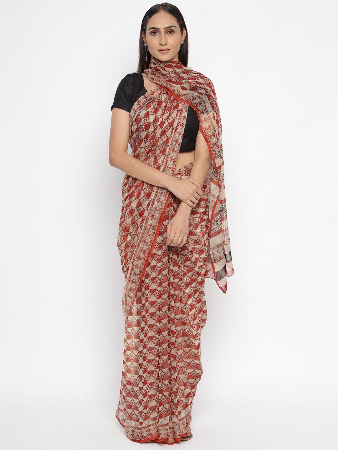 

Fabindia Red & Cream-Coloured Ethnic Motifs Pure Chiffon Bagru Saree