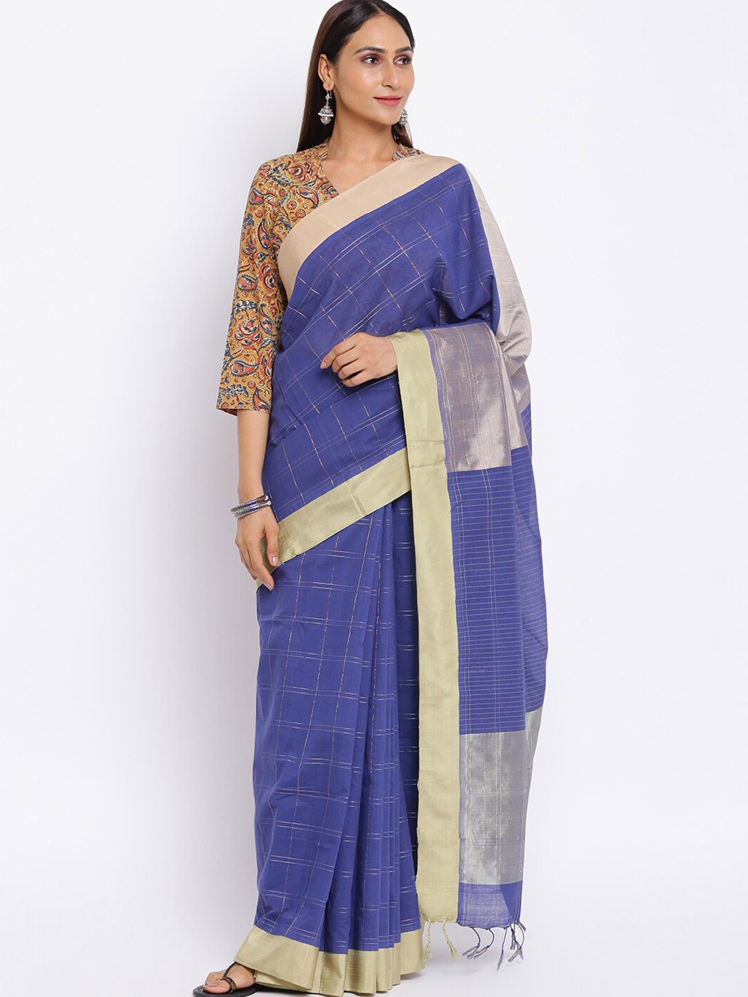 

Fabindia Navy Blue & Silver-Toned Woven Design Pure Cotton Saree