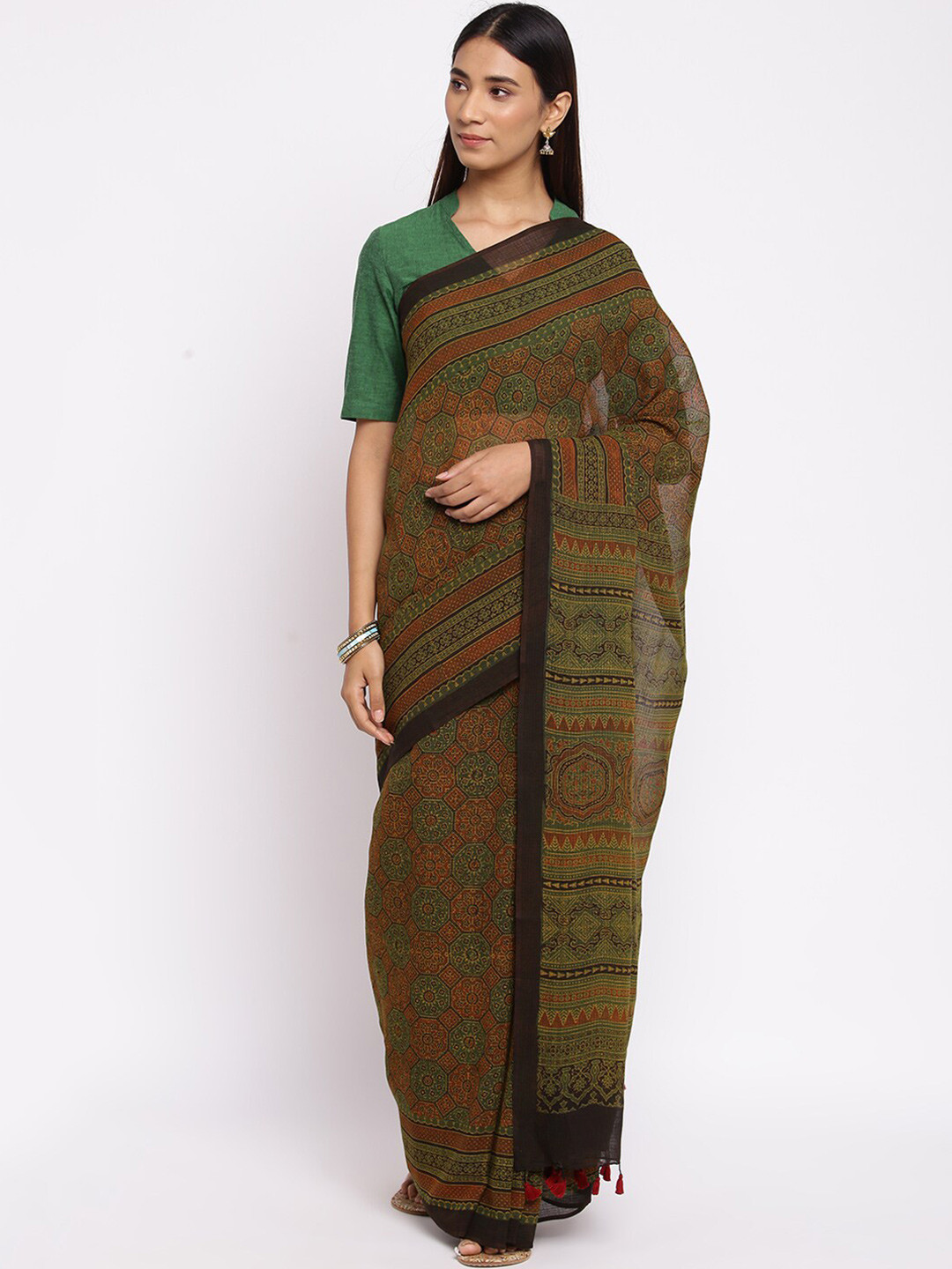 

Fabindia Green & Brown Kota Printed Ajrakh Saree