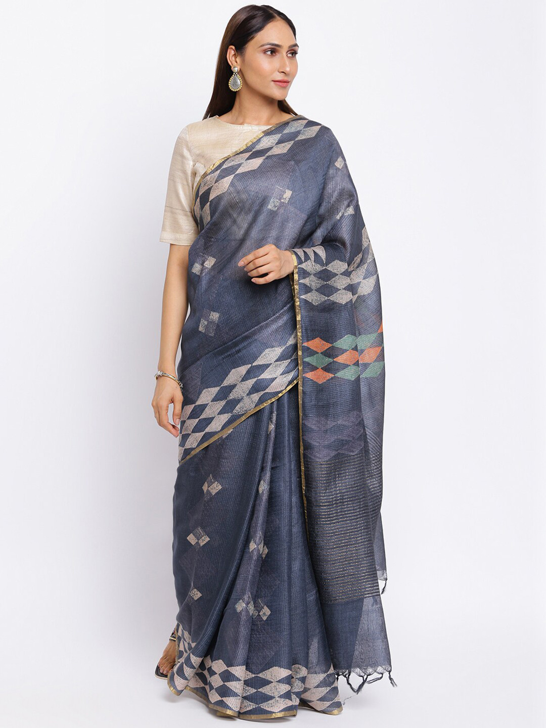 

Fabindia Black & Grey Printed Zari Pure Silk Saree
