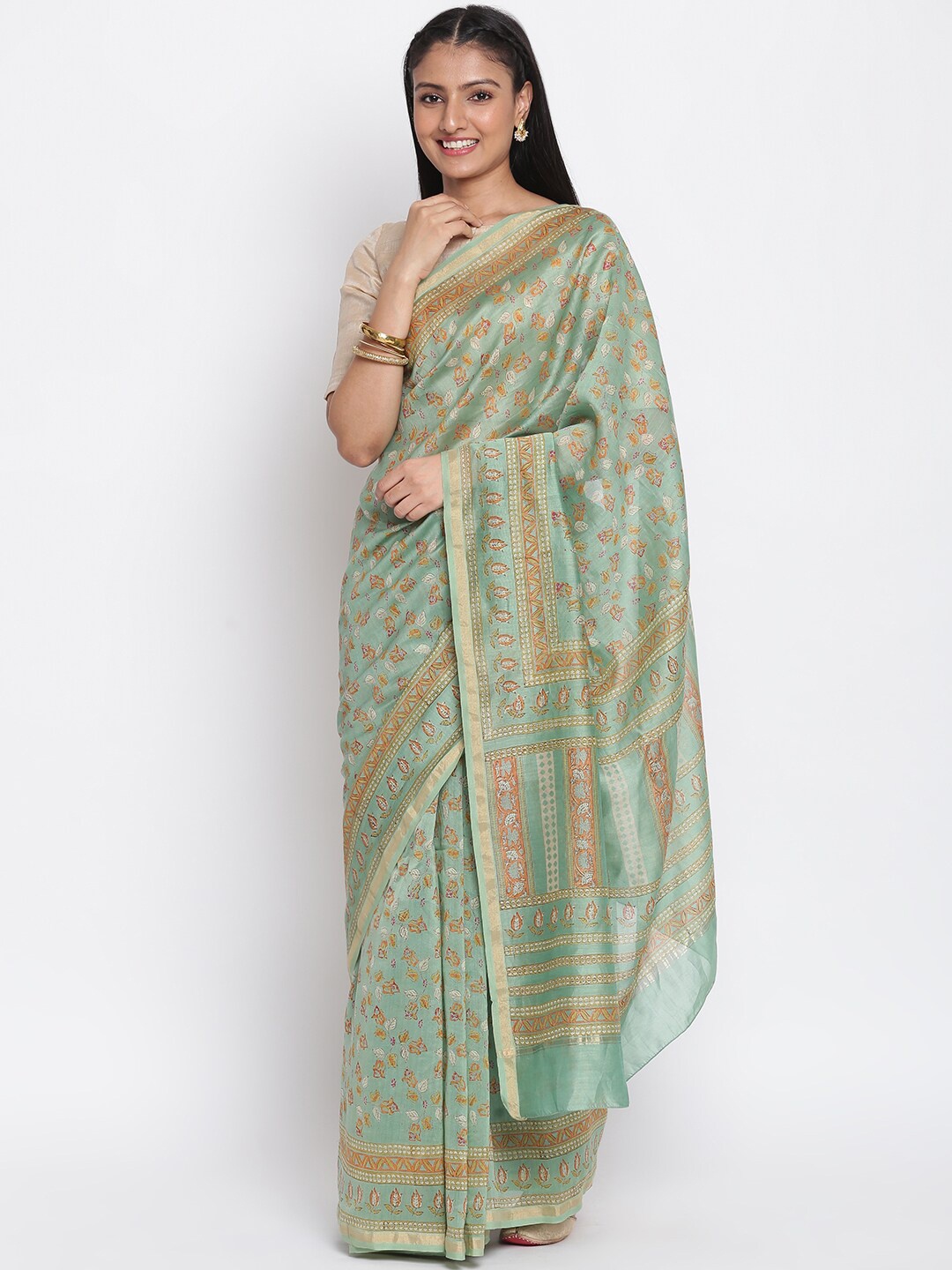 

Fabindia Green & Pink Floral Block Print Saree