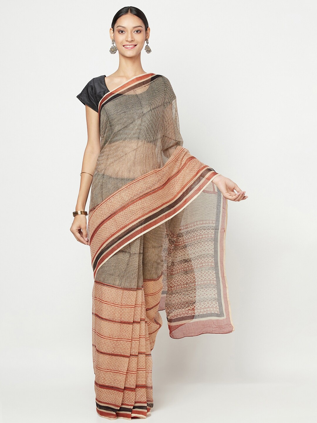 

Fabindia Red & Beige Striped Bagru Saree