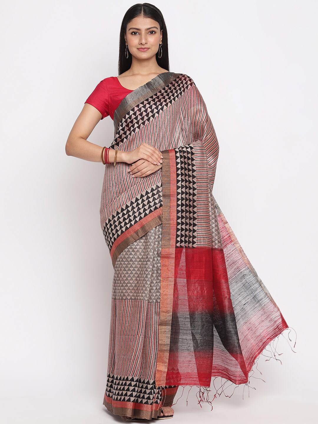 

Fabindia Grey & Red Silk Blend Block Print Saree