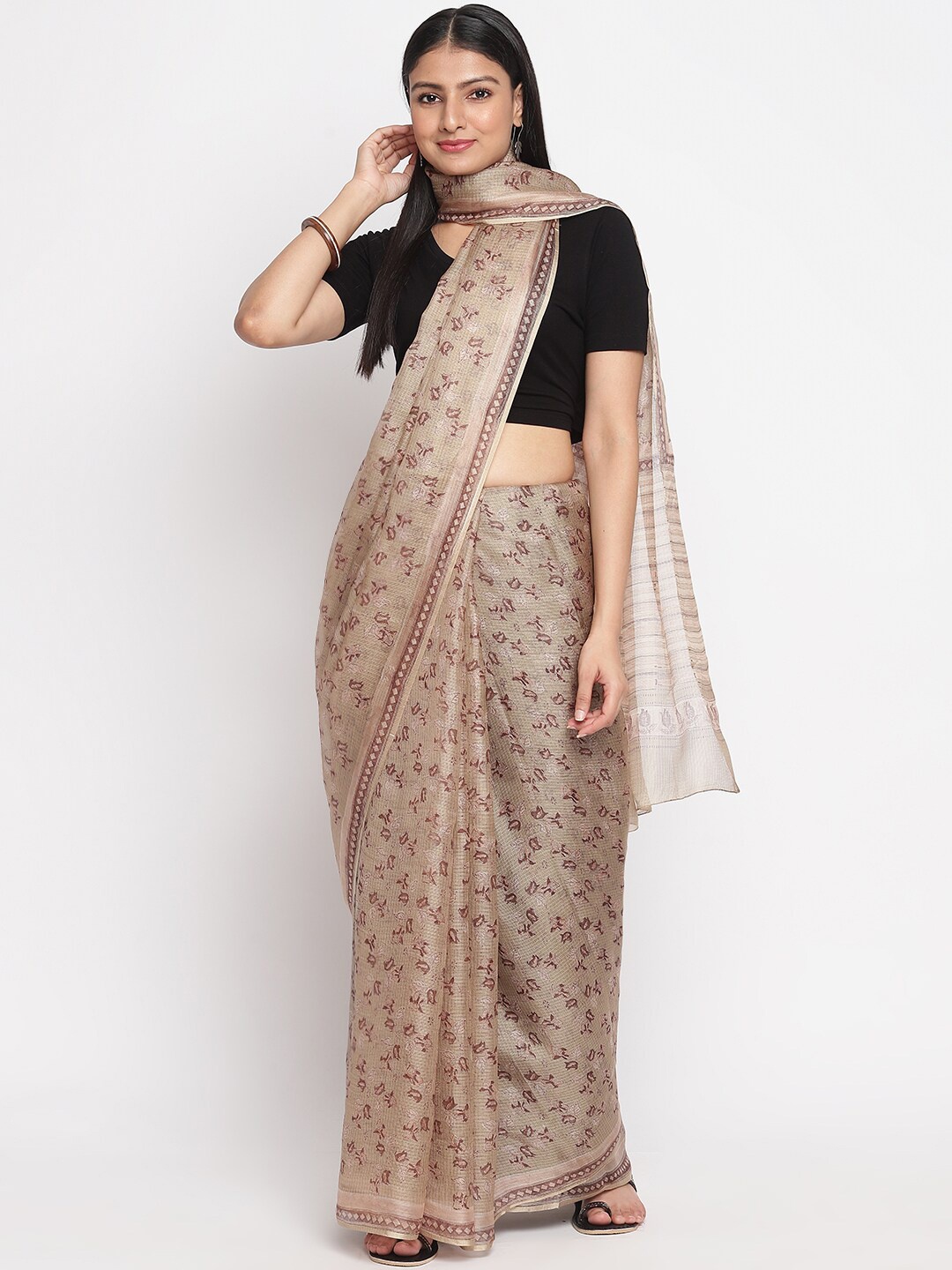 

Fabindia Beige Floral Pure Silk Block Print Saree