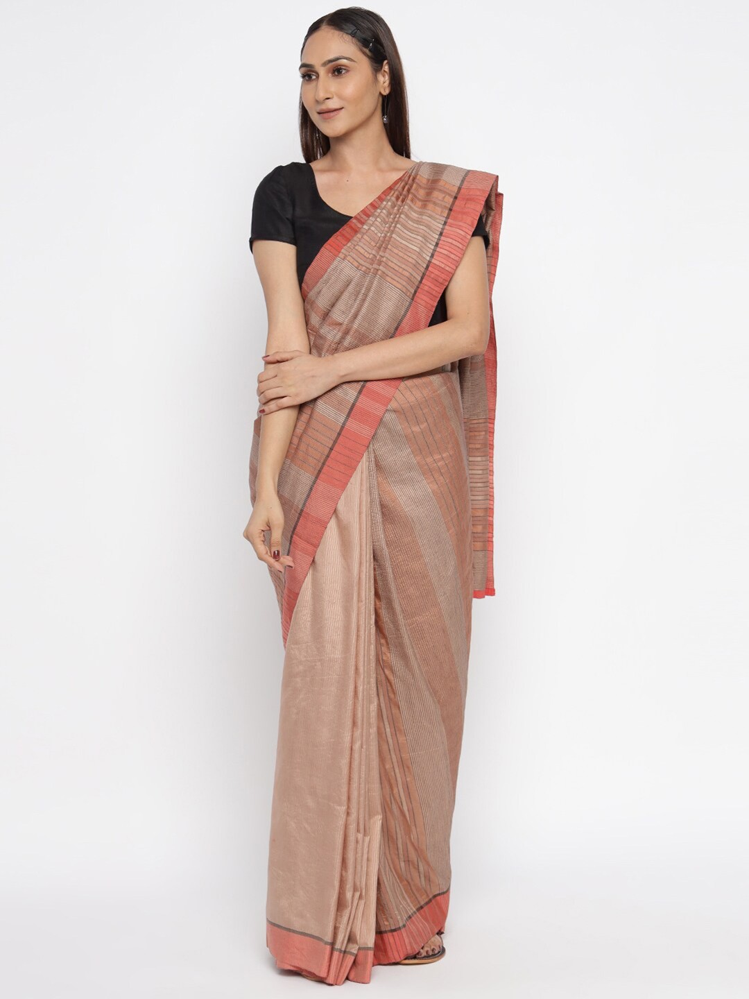 

Fabindia Beige & Red Striped Pure Silk Saree